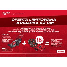 Kosiarka samojezdna Milwaukee. W zestawie 4 x aku. M18 HB12 + Ładowarka podwójna M12-18 DFC